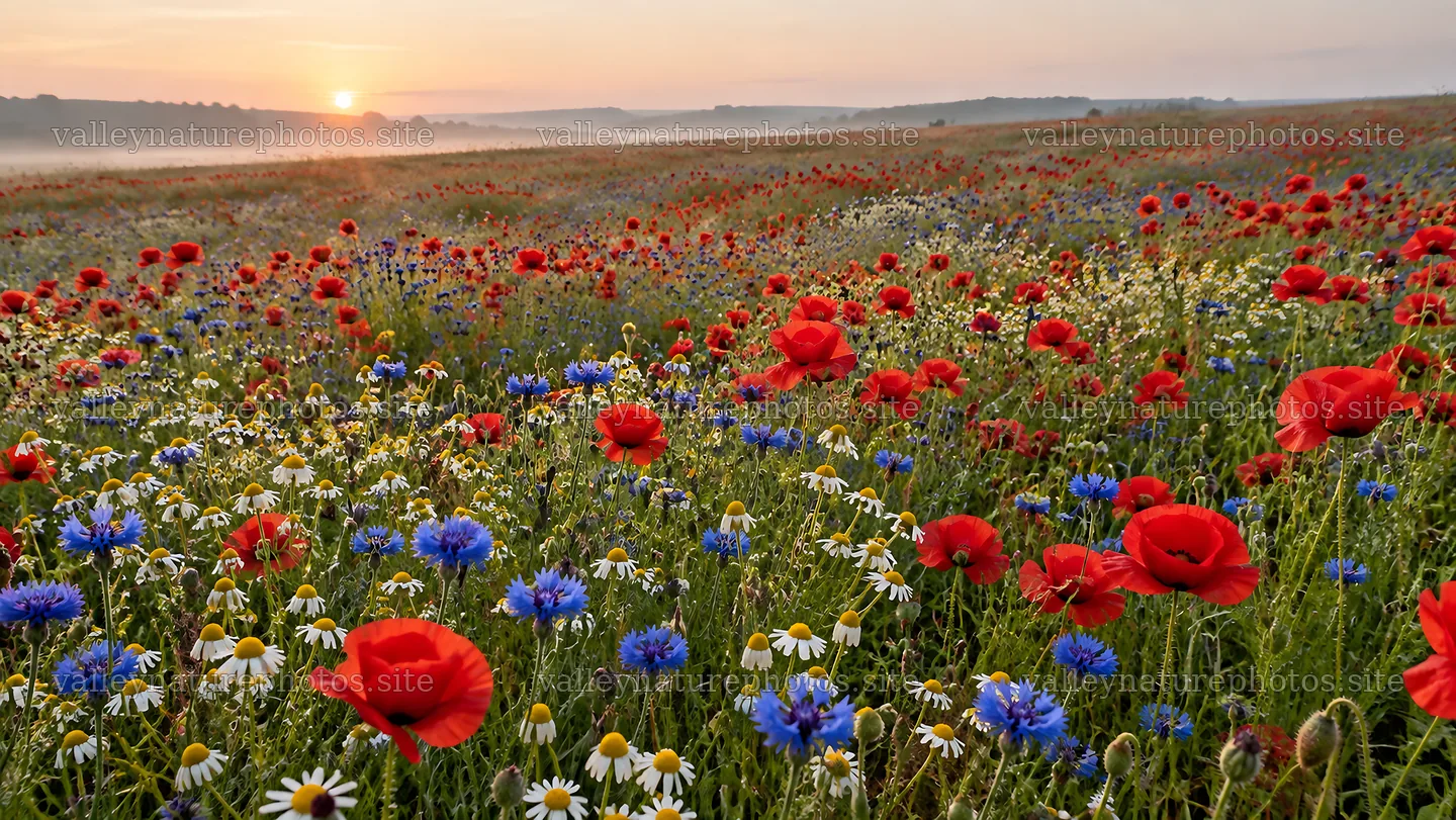 Wildflower Meadow in Morning Mist at Sunrise – nature photography 10324x5812